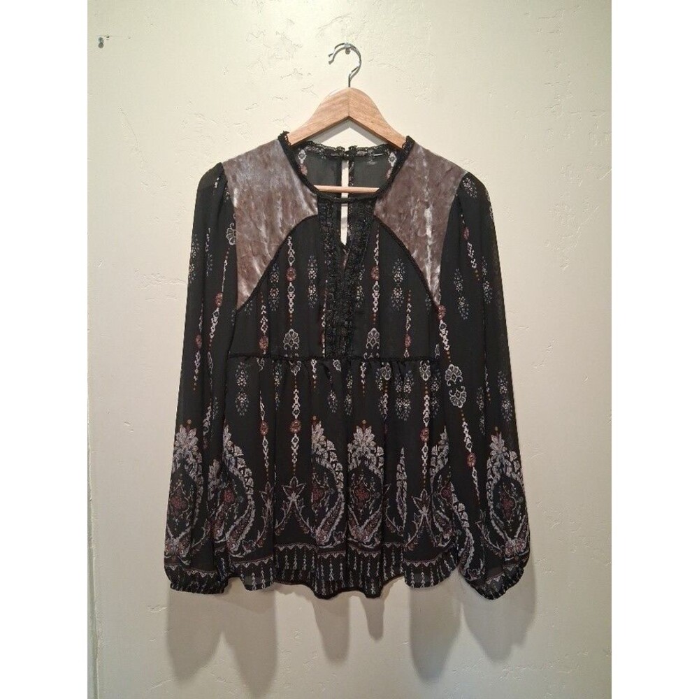 Womens S Bohemian Floral Medallion Balloon Sleeve Crochet Trim Velvet Beaded Top